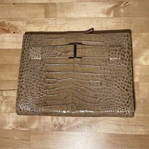 Abas Embossed Tan Alligator Leather Clasp Frame Clutch with Gold-tone Hardware